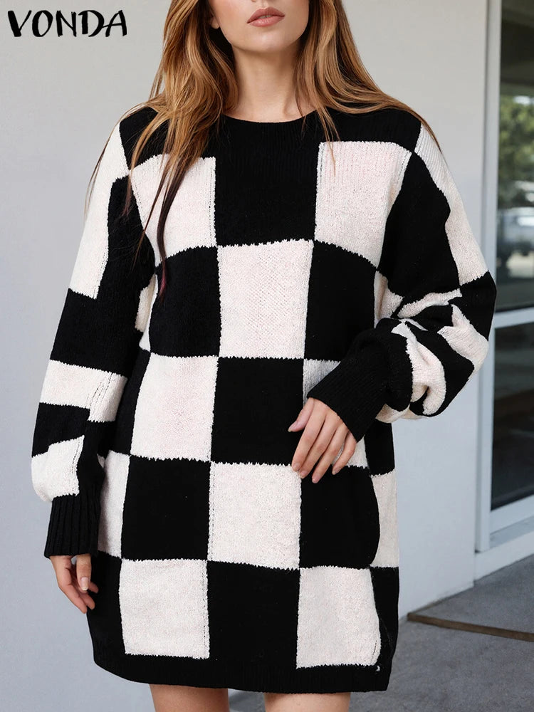 Casual Loose Knit Sweaters 2025 Women Autumn Jumpers Fashion Plaid Long Pullovers O-Neck Sweaters VONDA Plus Size