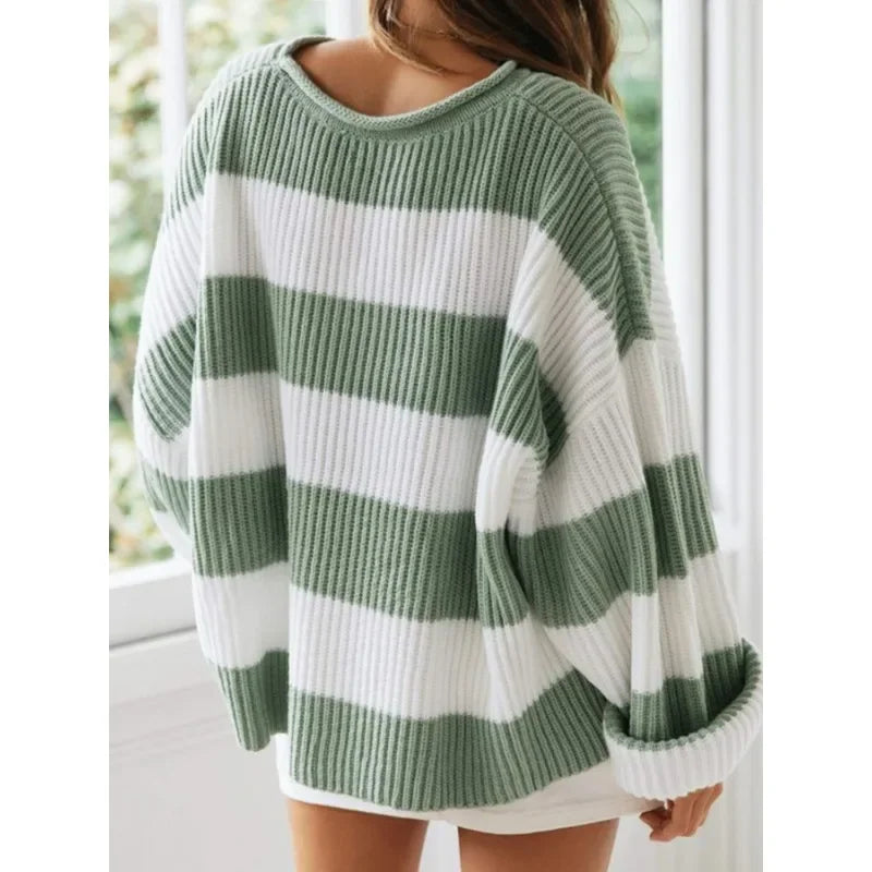 Plus Size 1XL-5XL Women's Autumn and Winter Fashionable Round Neck Striped Casual Patchwork Sweater