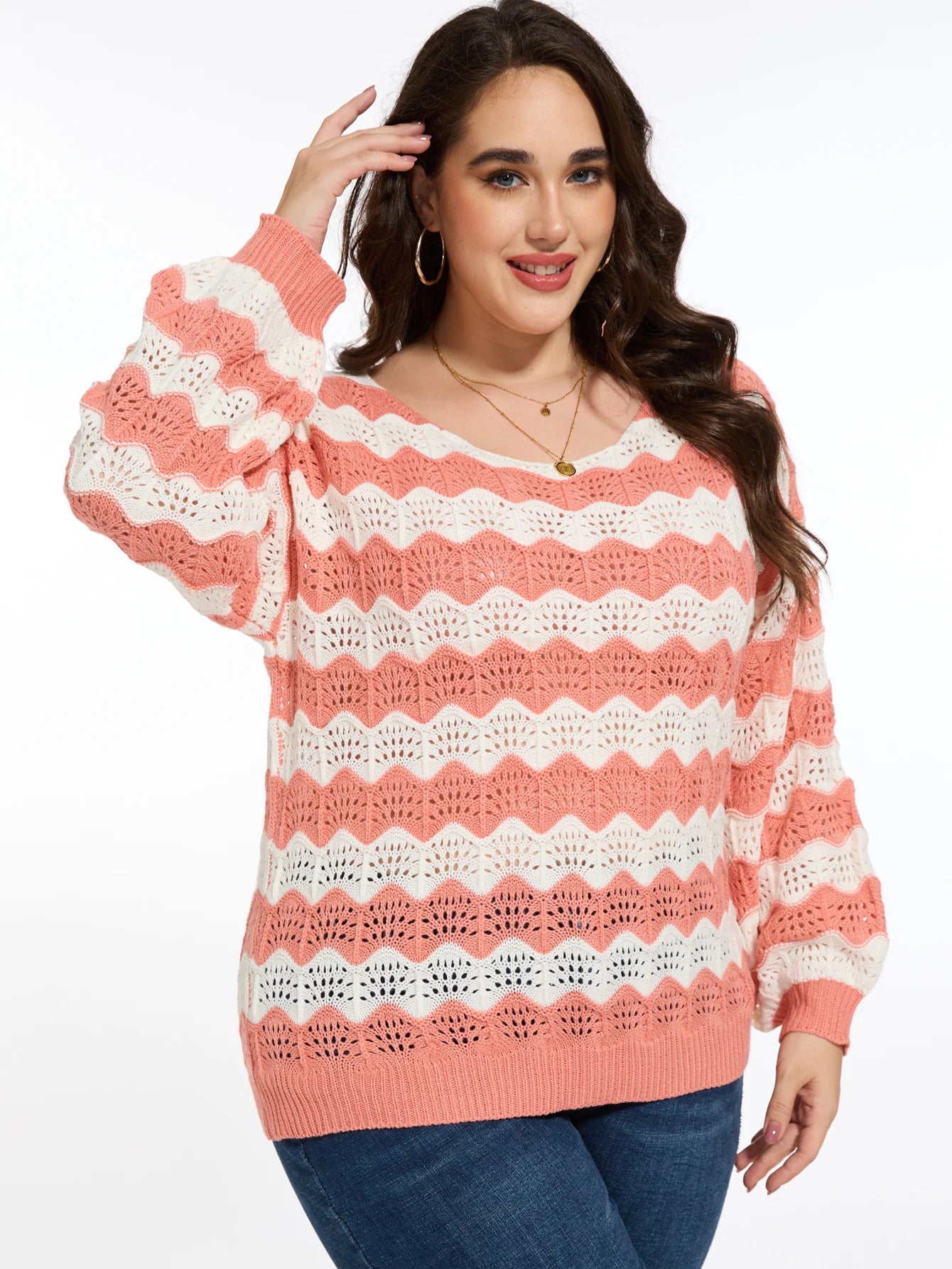 Plus-size comfortable and elegant openwork striped sweater pullover