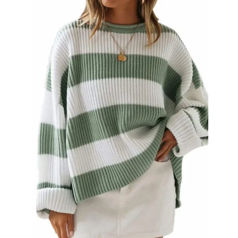 Plus Size 1XL-5XL Women's Autumn and Winter Fashionable Round Neck Striped Casual Patchwork Sweater