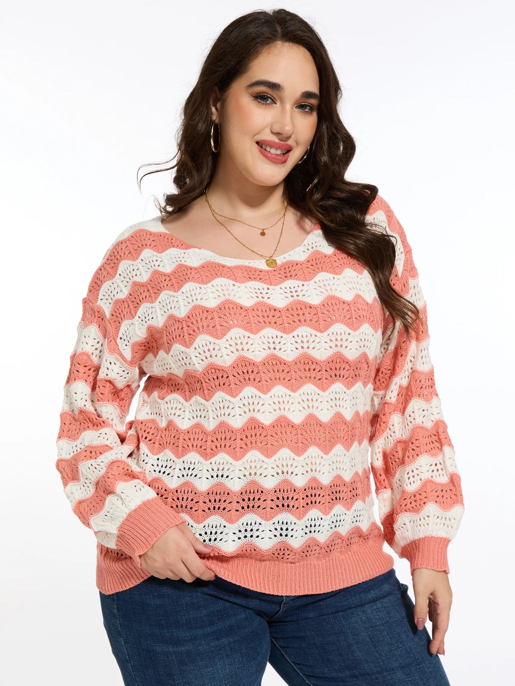 Plus-size comfortable and elegant openwork striped sweater pullover