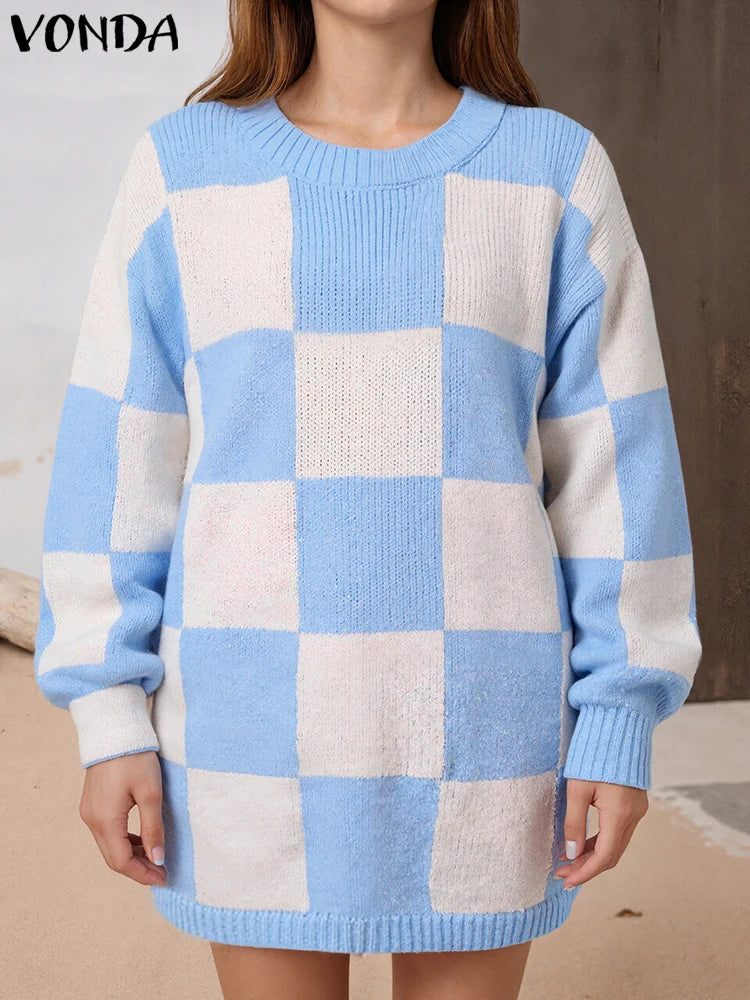 Casual Loose Knit Sweaters 2025 Women Autumn Jumpers Fashion Plaid Long Pullovers O-Neck Sweaters VONDA Plus Size