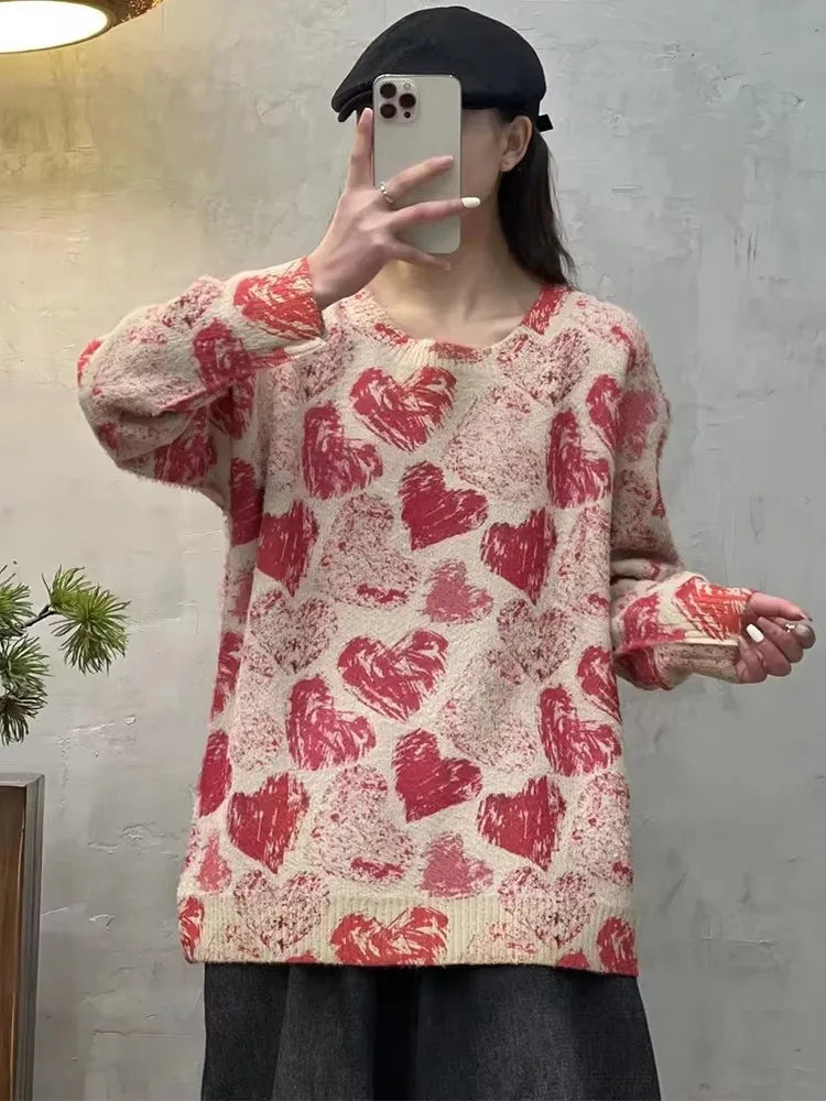 Amax luluE 2025 Winter Womens Fashion Printed Plus Size Sweater Loose Knitted Pullover Ladies Classic O Neck Warm Cotton Jumpers
